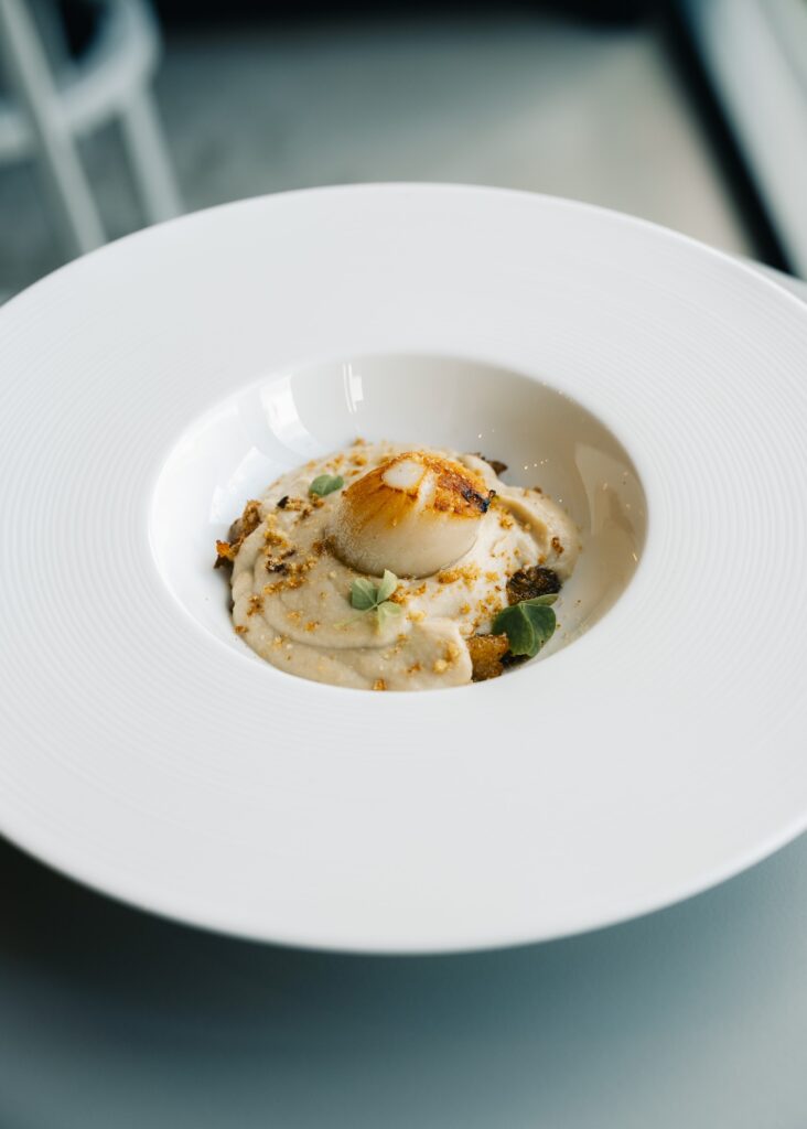 Mickael_Gloagen@Louise©Benoit_Beauchaine-19-2d assiette avec plat, mousse, herbe et saint jacques, cuisine